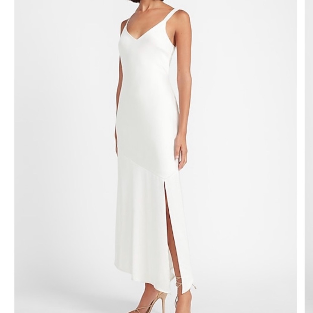 NWT white/ivory satin asymmetrical midi dress